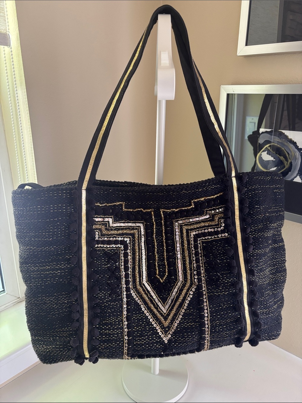 Black Embellished Shoulder Tote Beach Bag with Metallic Beaded Accents